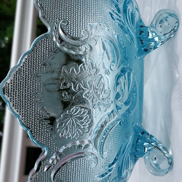 Vintage Jeannette mid century Pressed Glass Blue Footed Hombre Compote Bowl MCM - Picture 9 of 17